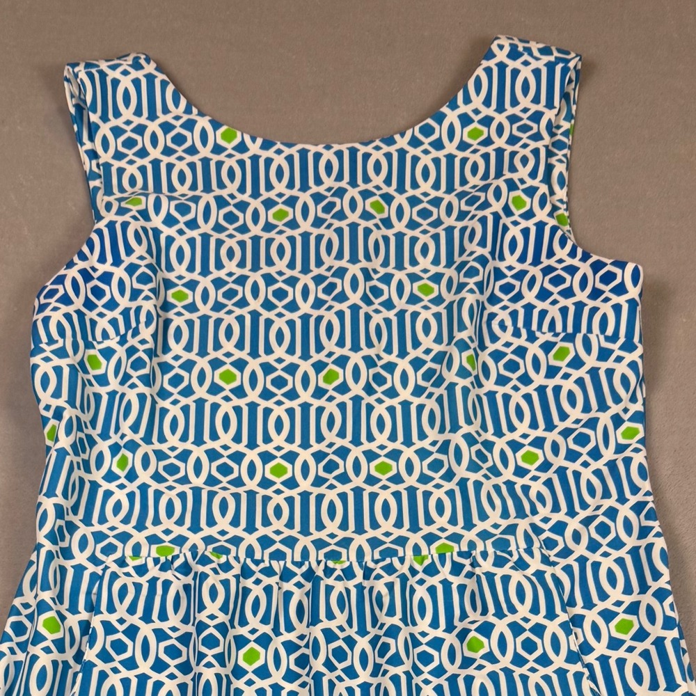 Jude Connally Sleeveless Dress Womens Large Blue Geometric Print Pockets